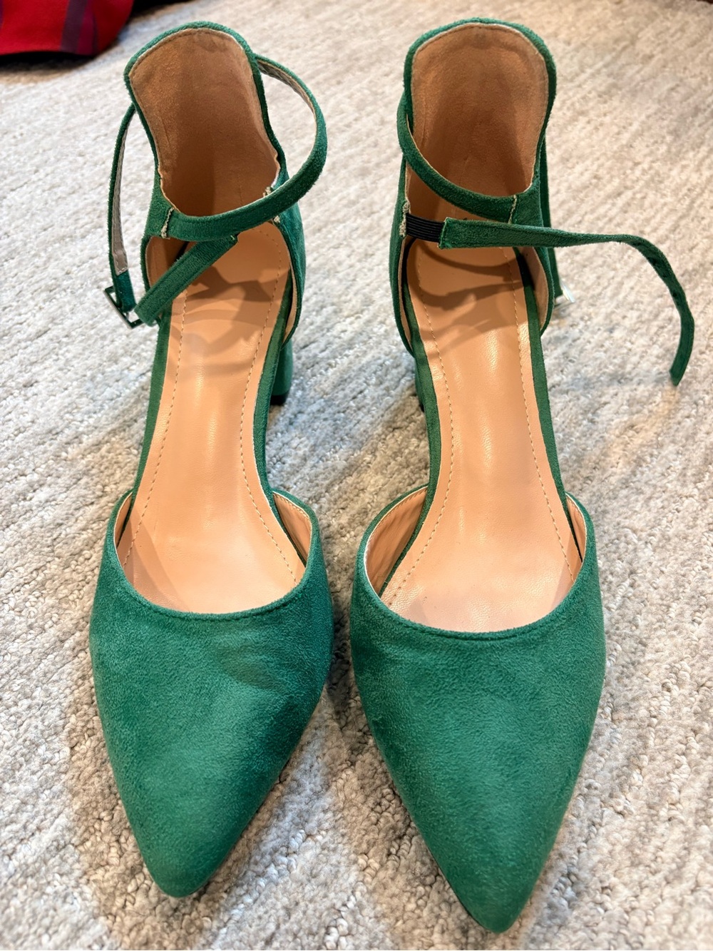 Emerald Green Suede Like Pointed Toe Ankle Strap Heels Size 40 - Picture 2 of 9